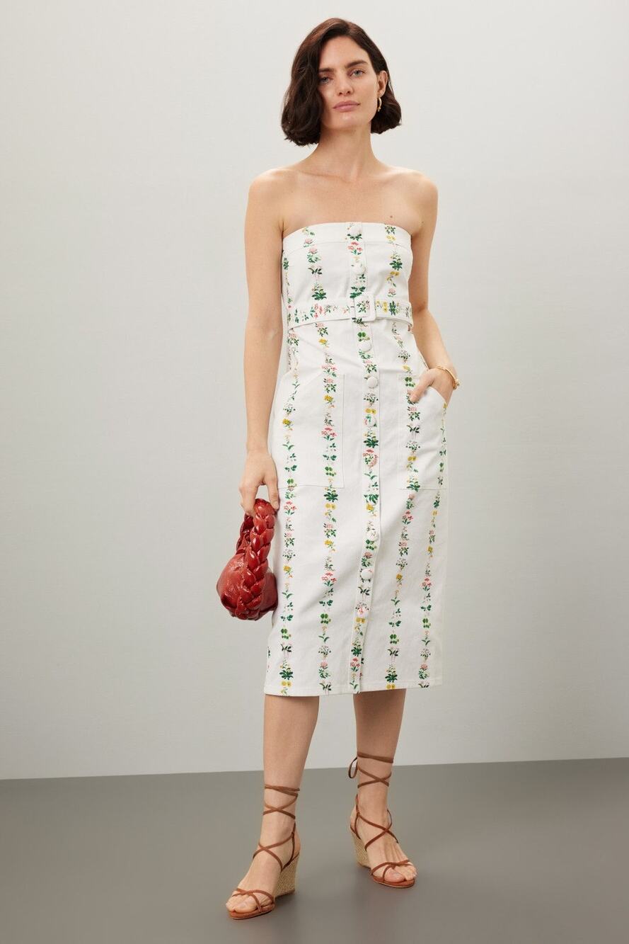 ADAM LIPPES Women's White Floral Print Strapless Belted Midi Dress Size 2